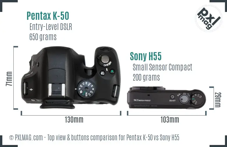 Pentax K-50 vs Sony H55 top view buttons comparison