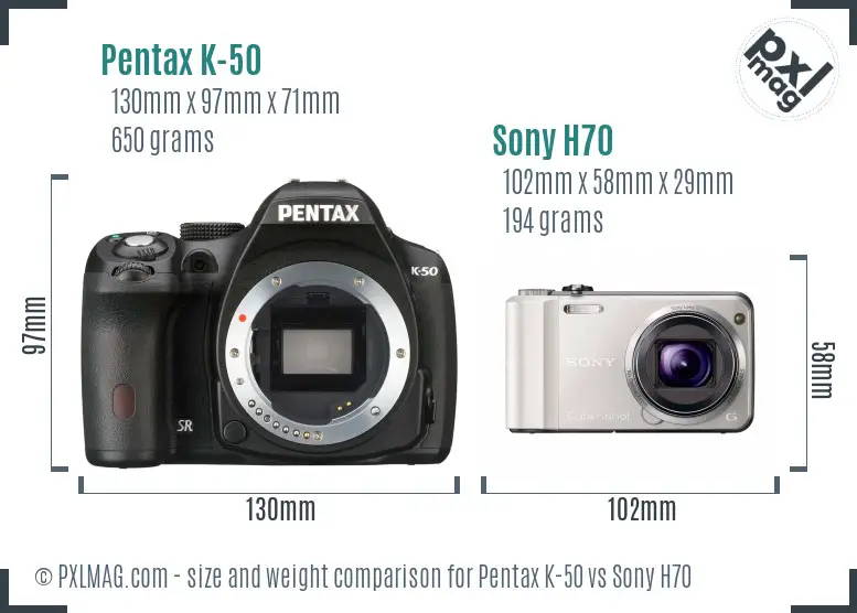 Pentax K-50 vs Sony H70 size comparison