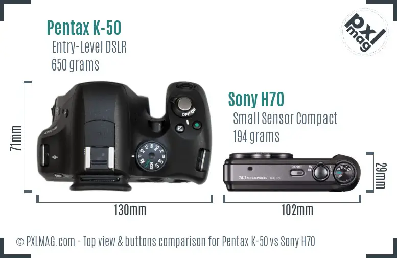 Pentax K-50 vs Sony H70 top view buttons comparison