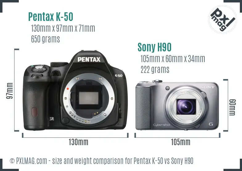 Pentax K-50 vs Sony H90 size comparison