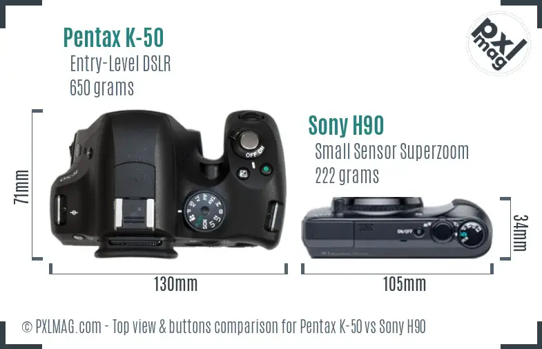 Pentax K-50 vs Sony H90 top view buttons comparison