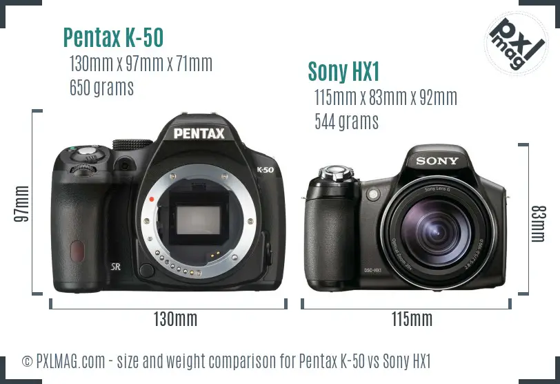 Pentax K-50 vs Sony HX1 size comparison