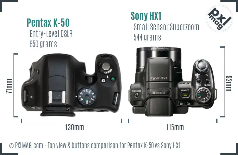 Pentax K-50 vs Sony HX1 top view buttons comparison