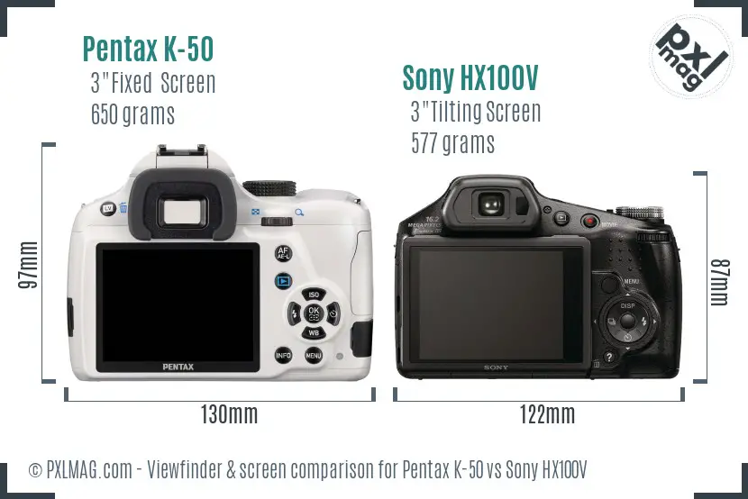 Pentax K-50 vs Sony HX100V Screen and Viewfinder comparison