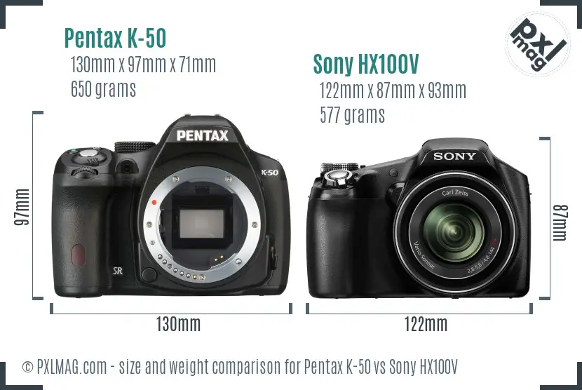 Pentax K-50 vs Sony HX100V size comparison