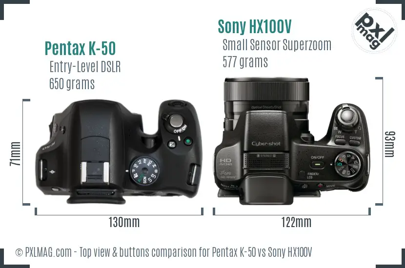 Pentax K-50 vs Sony HX100V top view buttons comparison