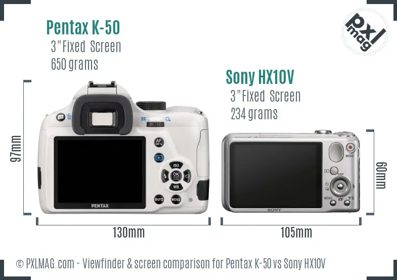 Pentax K-50 vs Sony HX10V Screen and Viewfinder comparison