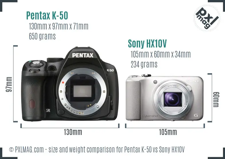 Pentax K-50 vs Sony HX10V size comparison