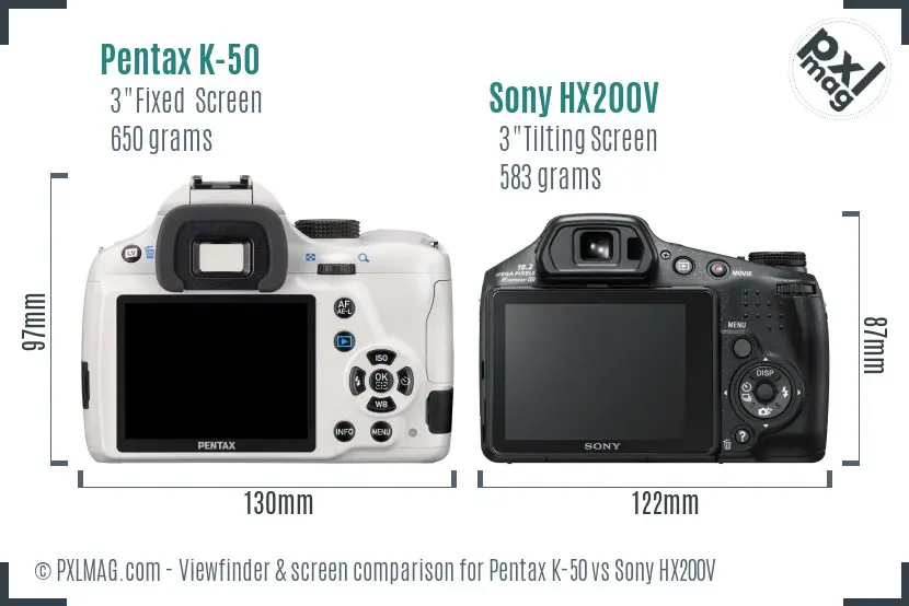 Pentax K-50 vs Sony HX200V Screen and Viewfinder comparison