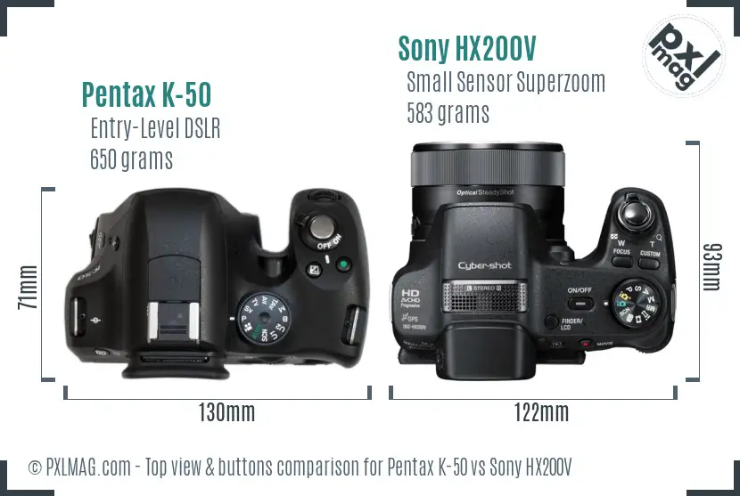 Pentax K-50 vs Sony HX200V top view buttons comparison