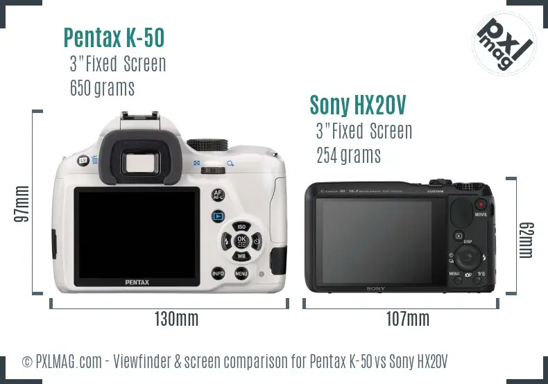 Pentax K-50 vs Sony HX20V Screen and Viewfinder comparison