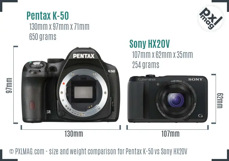 Pentax K-50 vs Sony HX20V size comparison
