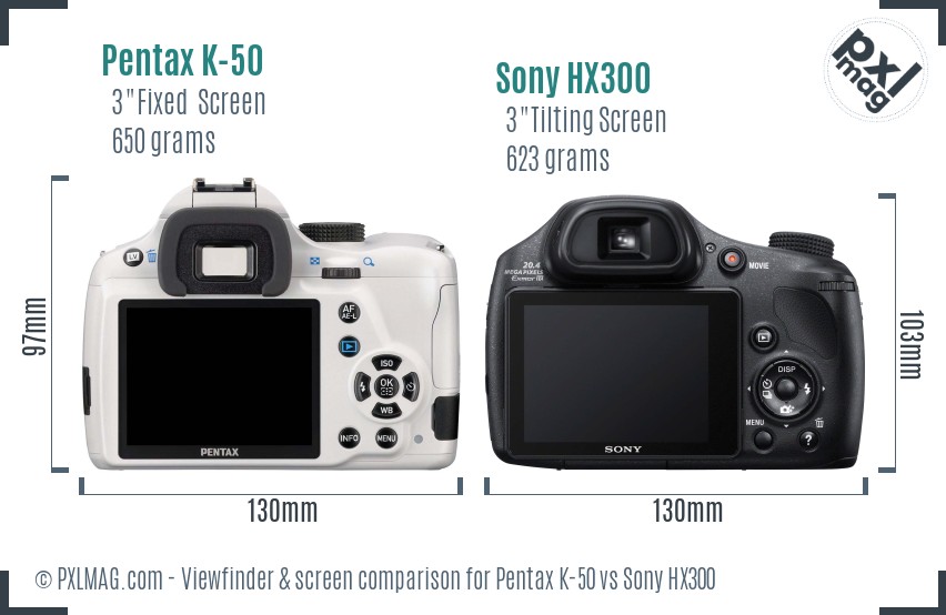 Pentax K-50 vs Sony HX300 Screen and Viewfinder comparison