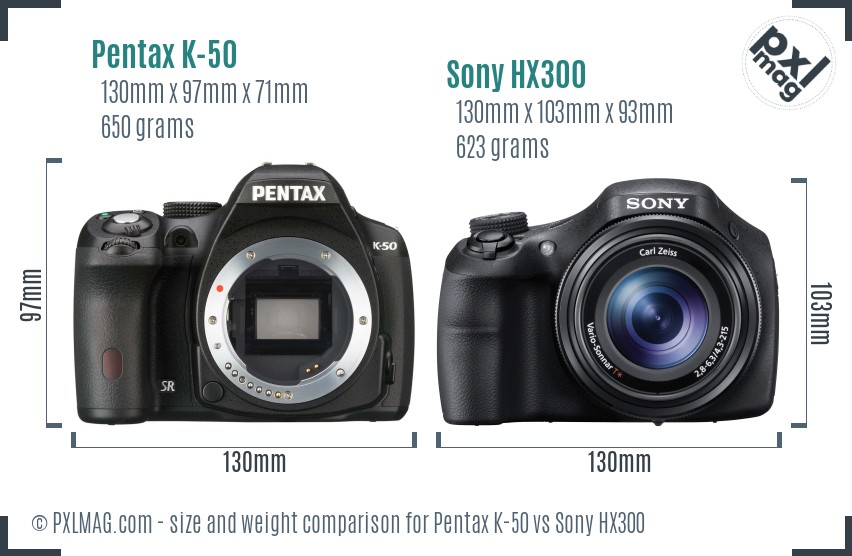 Pentax K-50 vs Sony HX300 size comparison