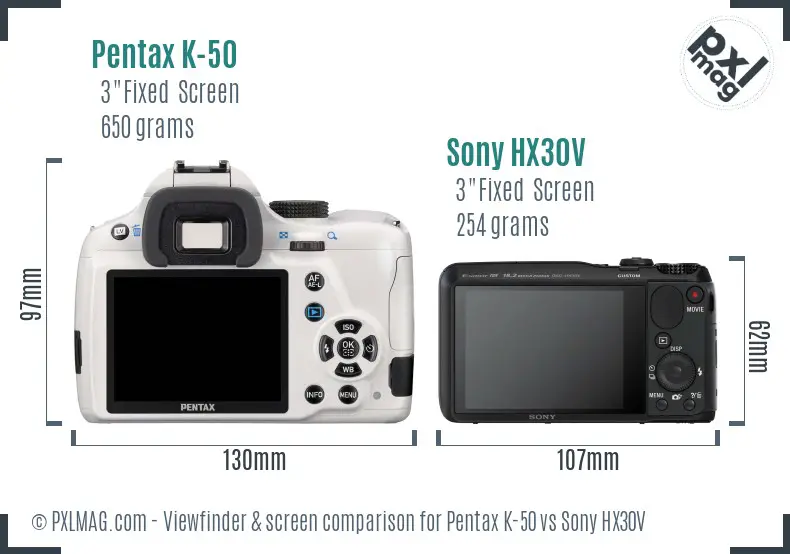 Pentax K-50 vs Sony HX30V Screen and Viewfinder comparison