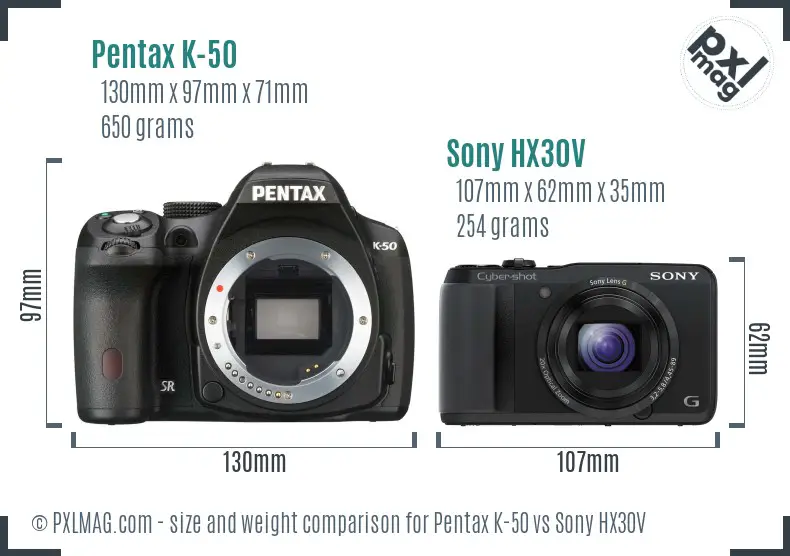 Pentax K-50 vs Sony HX30V size comparison