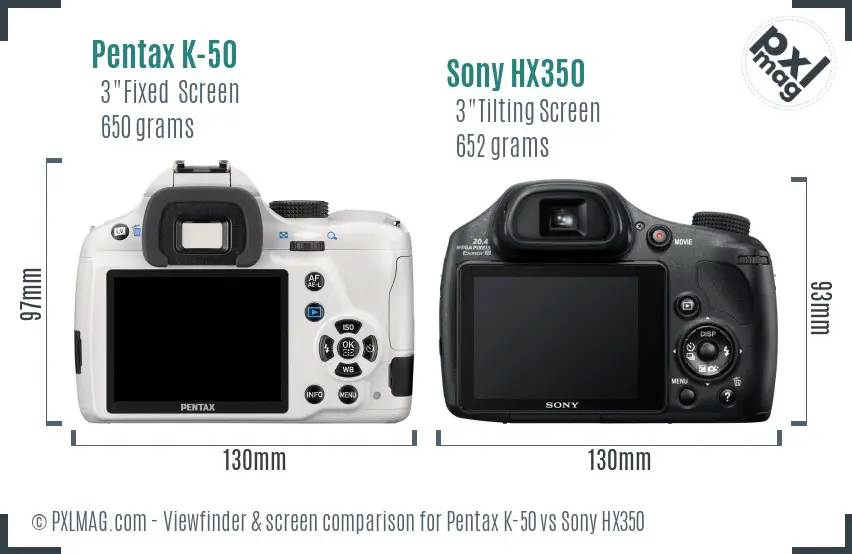 Pentax K-50 vs Sony HX350 Screen and Viewfinder comparison