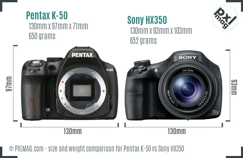 Pentax K-50 vs Sony HX350 size comparison