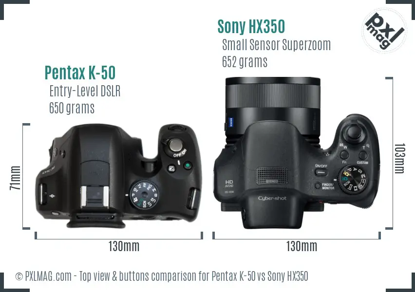 Pentax K-50 vs Sony HX350 top view buttons comparison