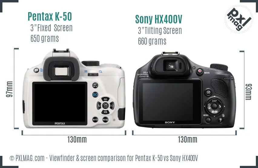 Pentax K-50 vs Sony HX400V Screen and Viewfinder comparison