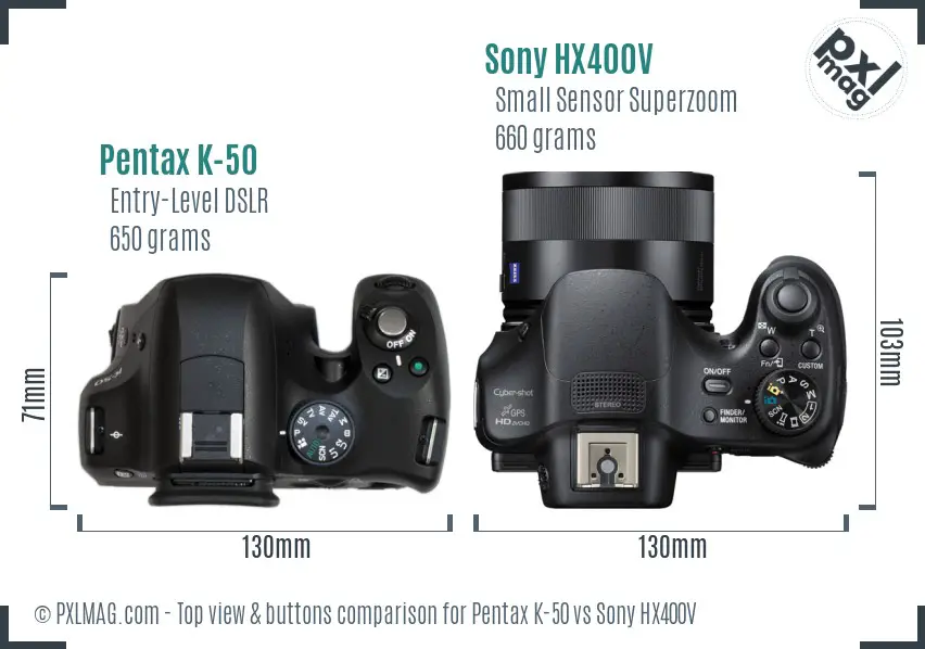 Pentax K-50 vs Sony HX400V top view buttons comparison