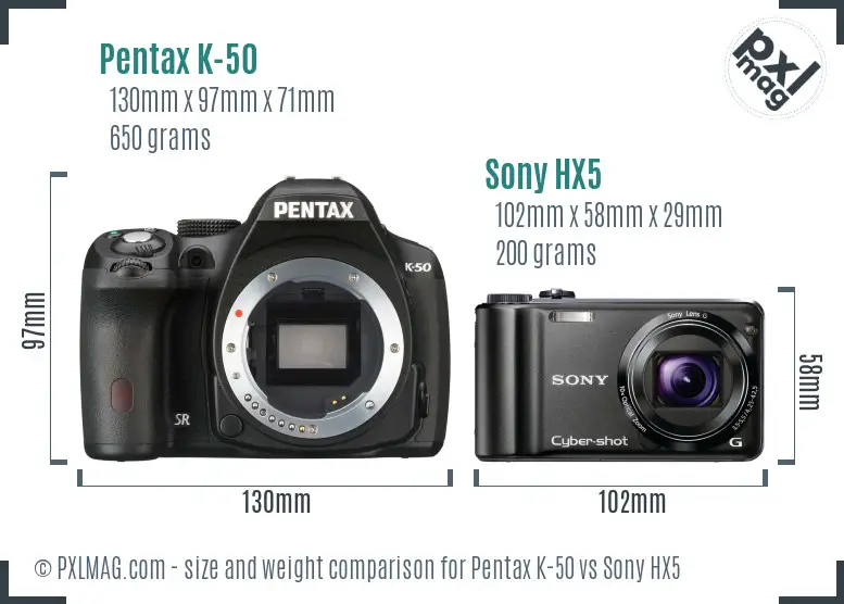 Pentax K-50 vs Sony HX5 size comparison