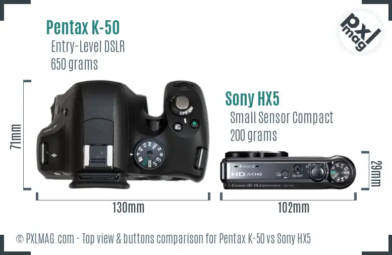 Pentax K-50 vs Sony HX5 top view buttons comparison