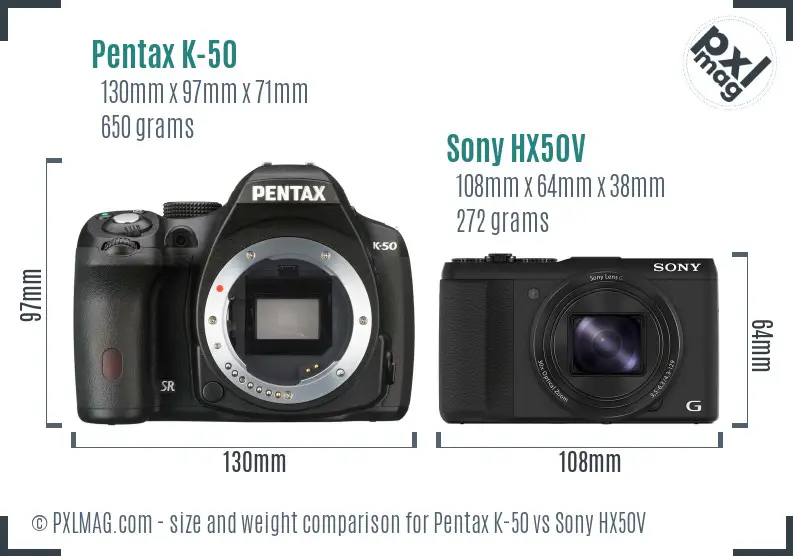 Pentax K-50 vs Sony HX50V size comparison