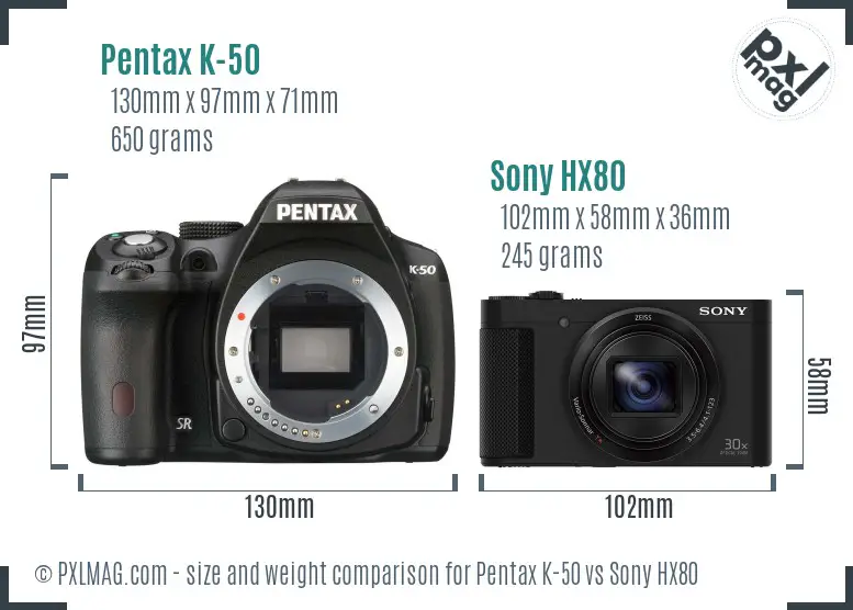 Pentax K-50 vs Sony HX80 size comparison
