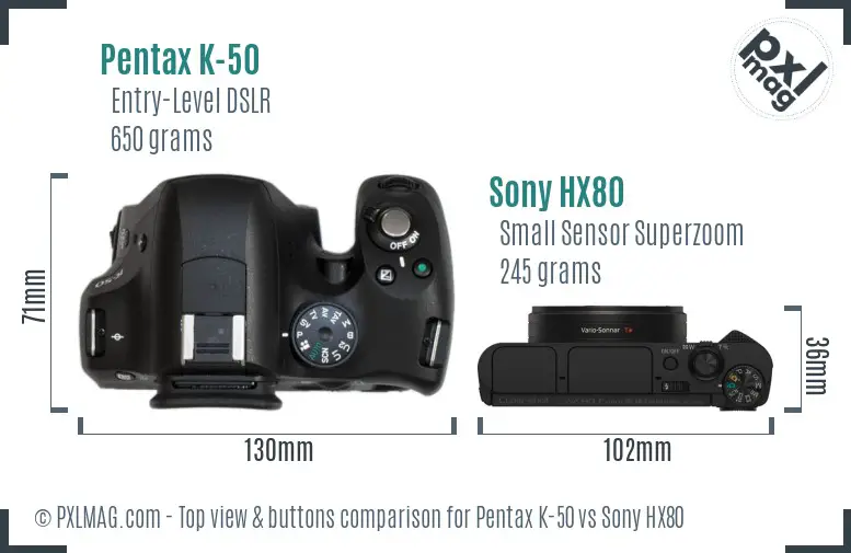 Pentax K-50 vs Sony HX80 top view buttons comparison