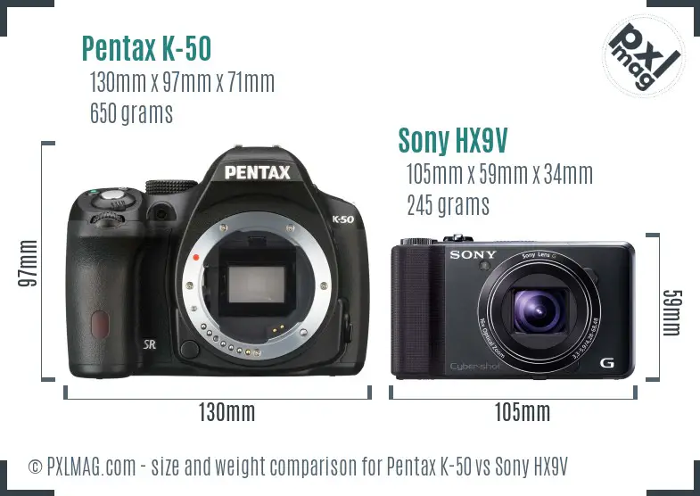 Pentax K-50 vs Sony HX9V size comparison