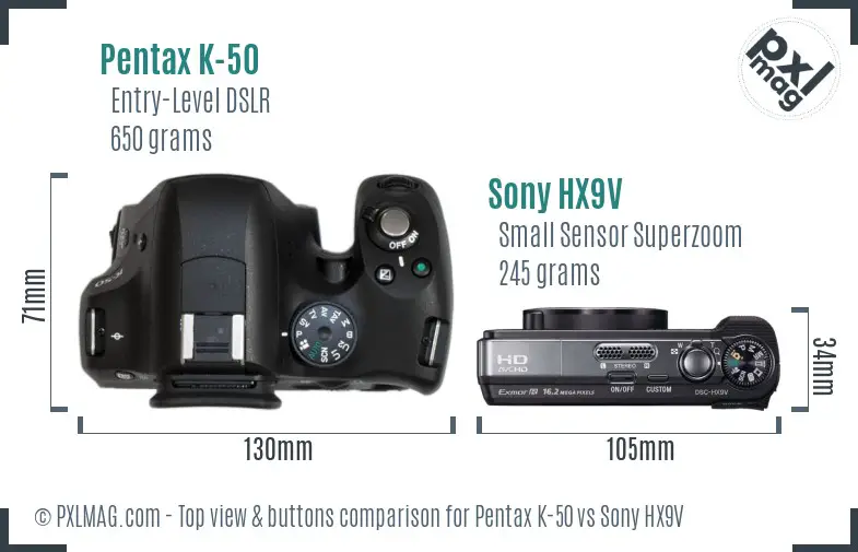 Pentax K-50 vs Sony HX9V top view buttons comparison