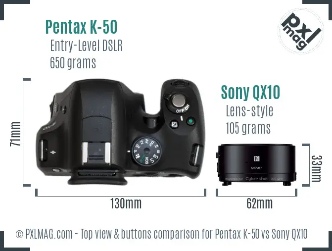 Pentax K-50 vs Sony QX10 top view buttons comparison