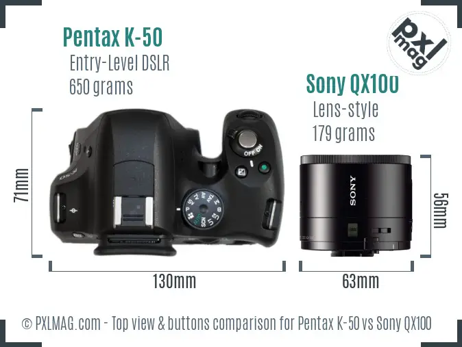 Pentax K-50 vs Sony QX100 top view buttons comparison Pentax K-50 vs Sony QX100 top view buttons comparison