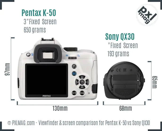 Pentax K-50 vs Sony QX30 Screen and Viewfinder comparison