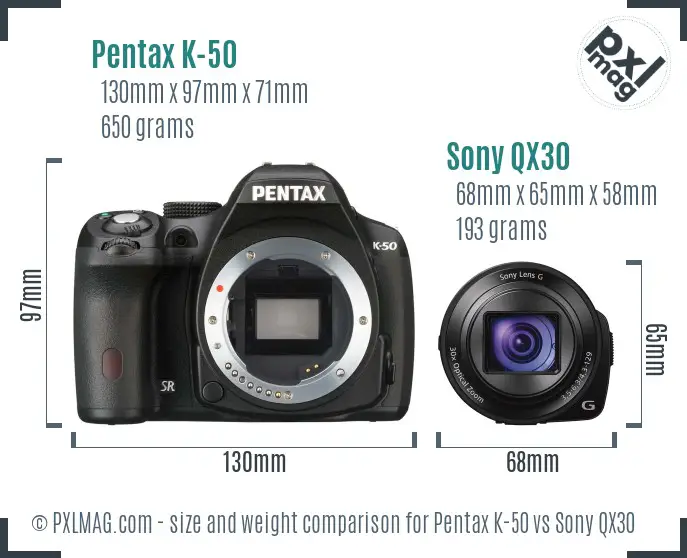 Pentax K-50 vs Sony QX30 size comparison