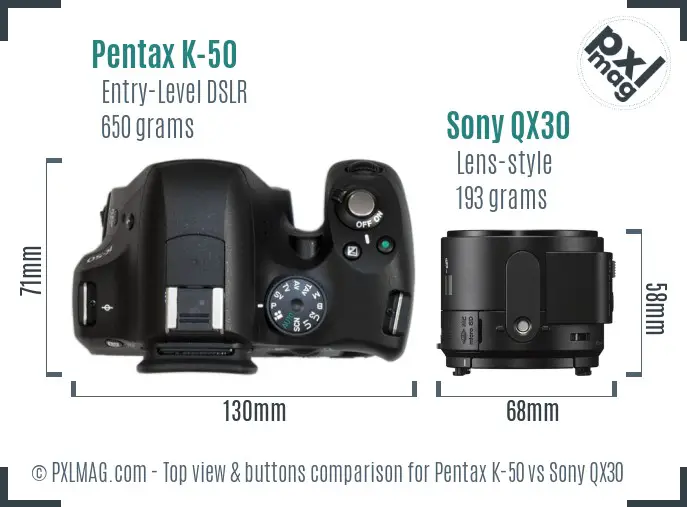 Pentax K-50 vs Sony QX30 top view buttons comparison