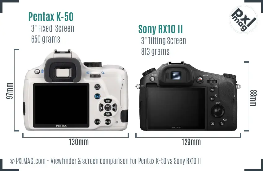 Pentax K-50 vs Sony RX10 II Screen and Viewfinder comparison