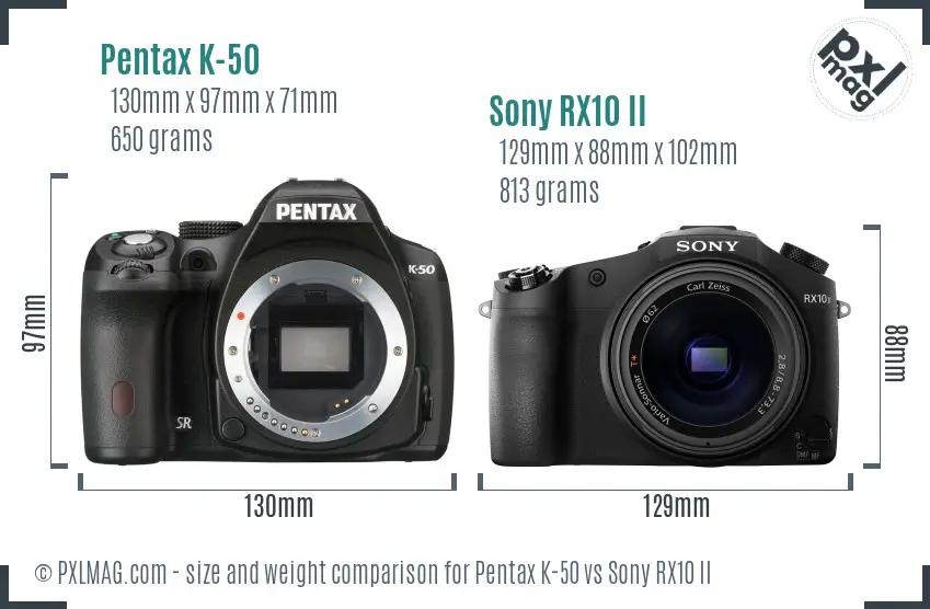 Pentax K-50 vs Sony RX10 II size comparison