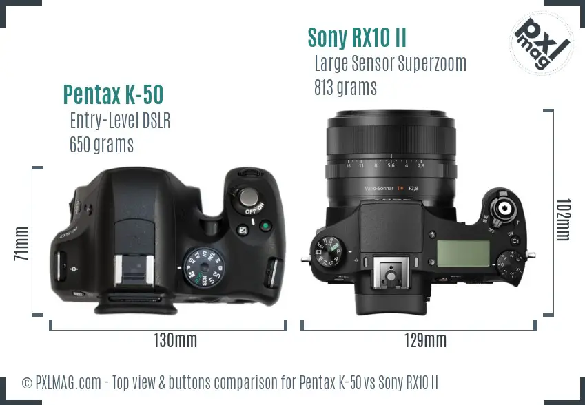 Pentax K-50 vs Sony RX10 II top view buttons comparison