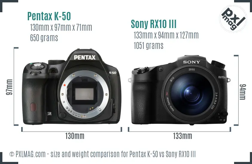 Pentax K-50 vs Sony RX10 III size comparison