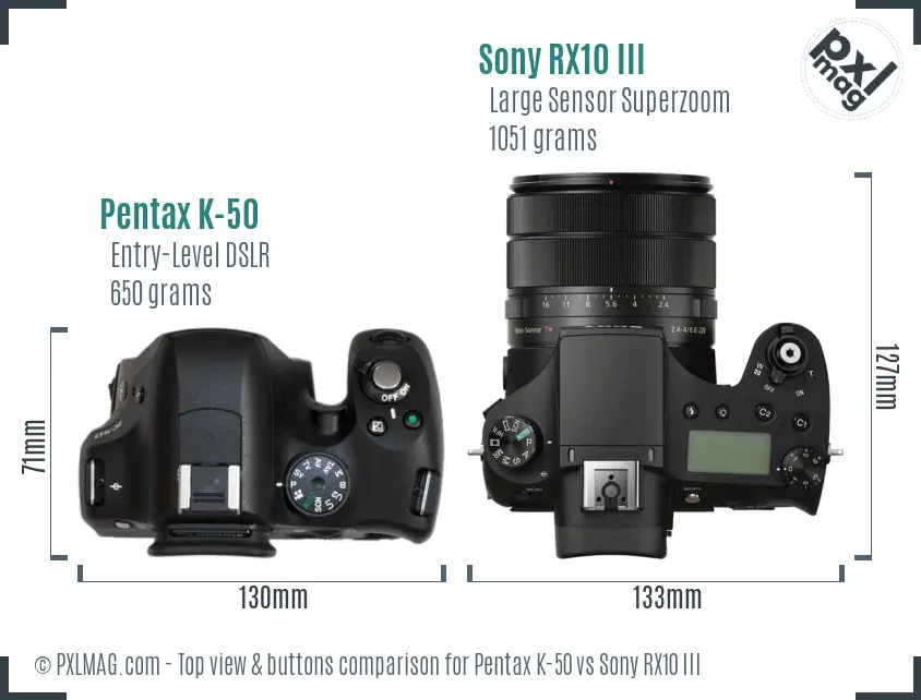 Pentax K-50 vs Sony RX10 III top view buttons comparison