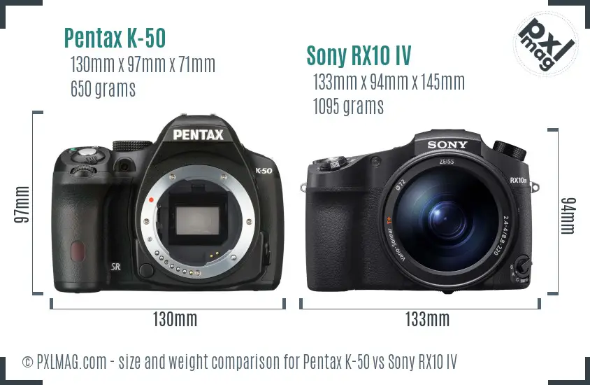 Pentax K-50 vs Sony RX10 IV size comparison