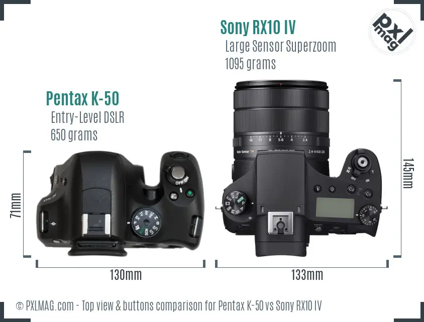 Pentax K-50 vs Sony RX10 IV top view buttons comparison