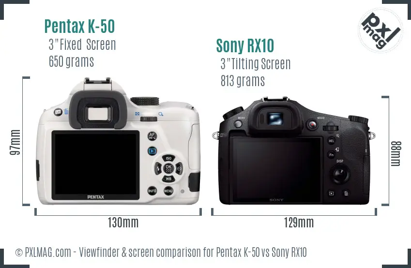 Pentax K-50 vs Sony RX10 Screen and Viewfinder comparison