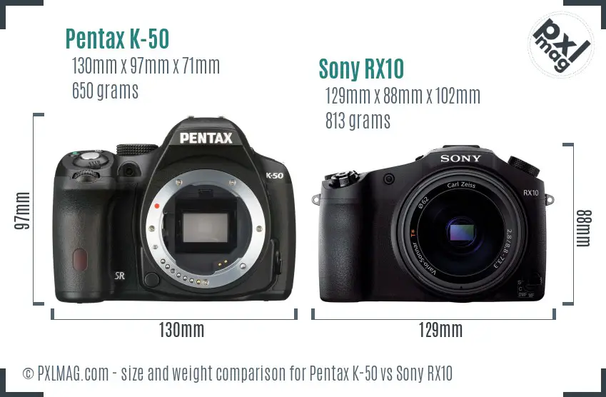 Pentax K-50 vs Sony RX10 size comparison