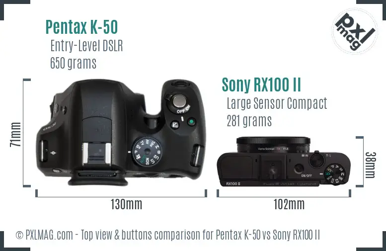 Pentax K-50 vs Sony RX100 II top view buttons comparison