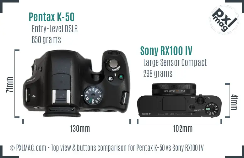 Pentax K-50 vs Sony RX100 IV top view buttons comparison