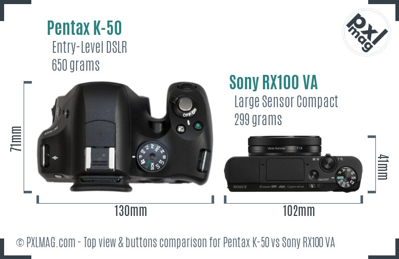 Pentax K-50 vs Sony RX100 VA top view buttons comparison