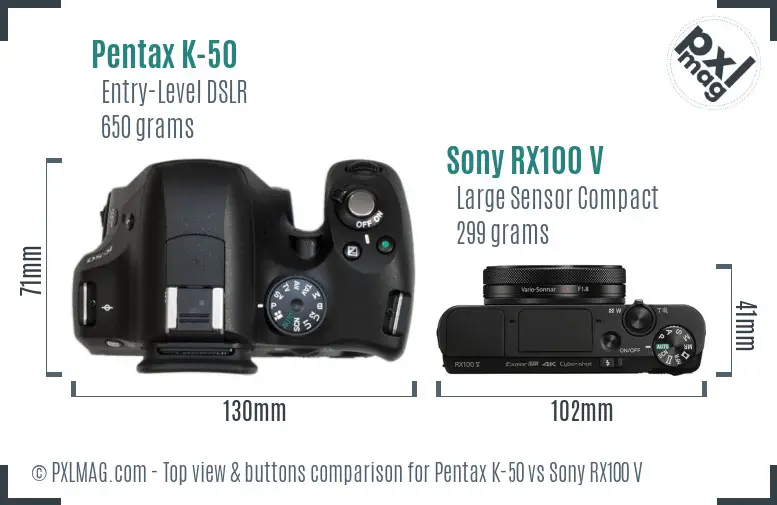 Pentax K-50 vs Sony RX100 V top view buttons comparison